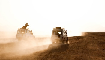 Vans on a desert plain