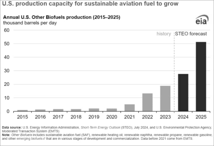 Bar chart showing thousands of barrels of biofuels produced within the U.S. from years 2015 through 2023 with forecast for 2024 and 2025.  Range spans from approximately 1,000 barrels per day in 2015 to forecasted 51,000 barrels per day in 2025.