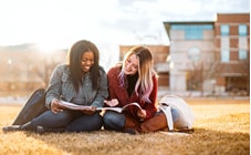 Students reading on a lawn